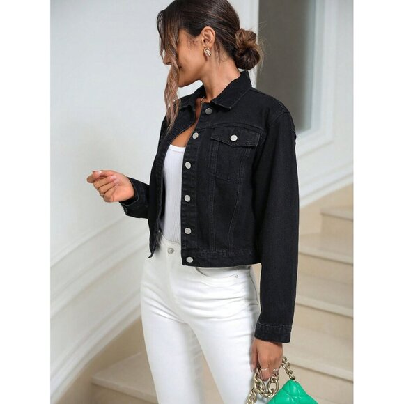 Classic denim jacket button up jean jacket black - Picture 2 of 6